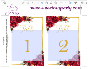 Red Roses Table Numbers Printable|Red Roses Table Numbers template|Gold ...